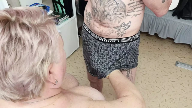 cumshot on mother-in-law's big tits
