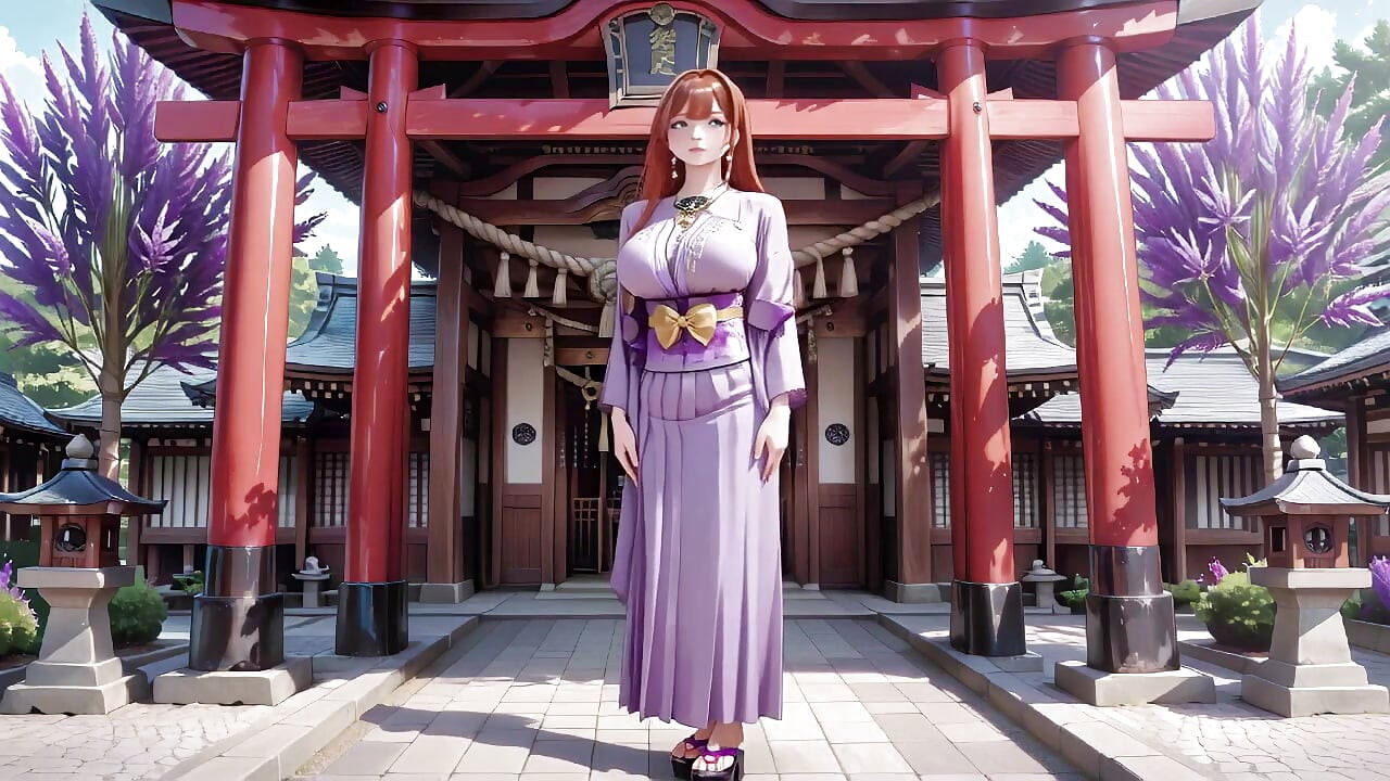 Red-haired Kimono Goddess! Kneeling Under the Sacred Torii Gate, She Adjusts Her Soaked Backless Outfit with a Shy Gaze.