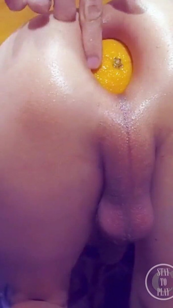 Powerful moment from "Cumming from big Orange and Dildo in my Ass and hard Fisting"
