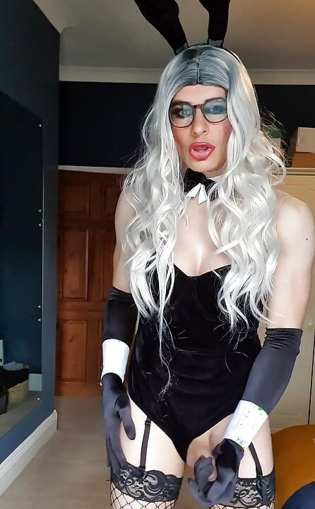 Blonde Bunny - Satin opera gloves, fishnet stockings, heels and suspenders