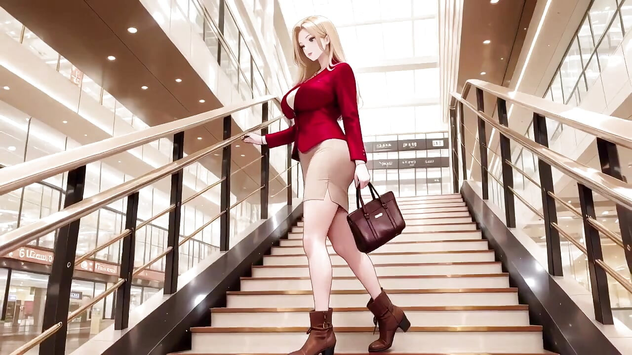 Red Suit Blonde; From Supermarket Stroll to Lazy Orgasm, She Even Puts Her Legs up on the Desk?
