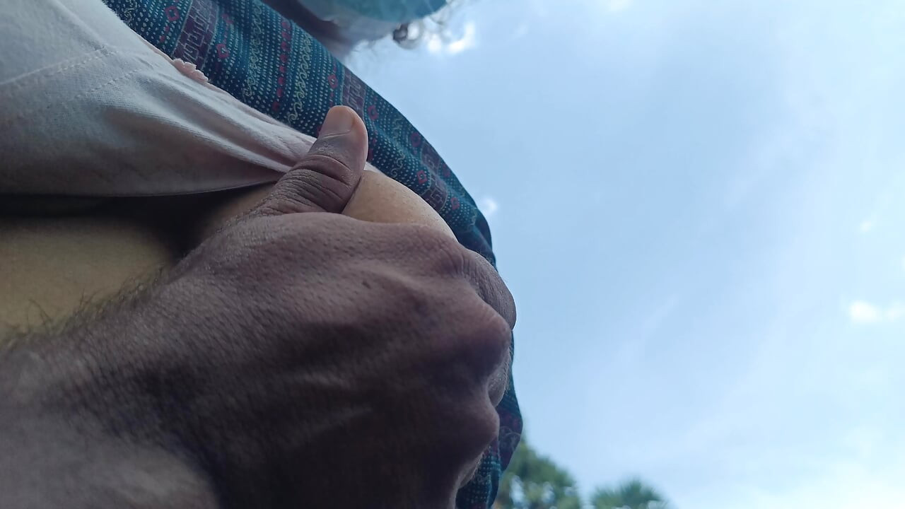 Step brother enjoying housewife breast squeeze in outdoor forest side