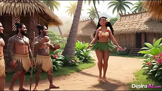 Exotische hula-schönheit auf allen vieren, stammesmänner beobachten ihre kurven (AI Generated)