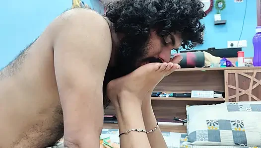 Feet lick romance in skirt