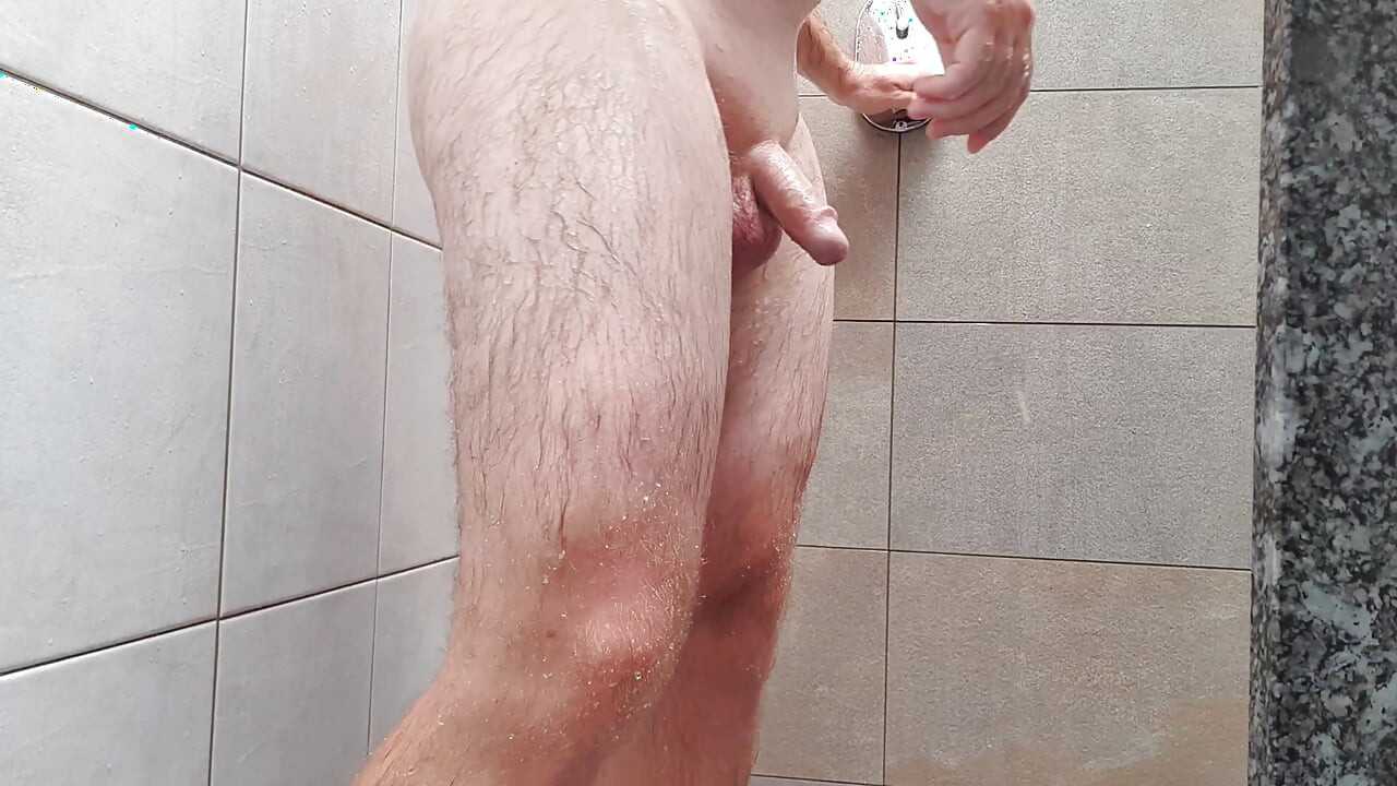 Horny cock shaved in the shower and cumshot