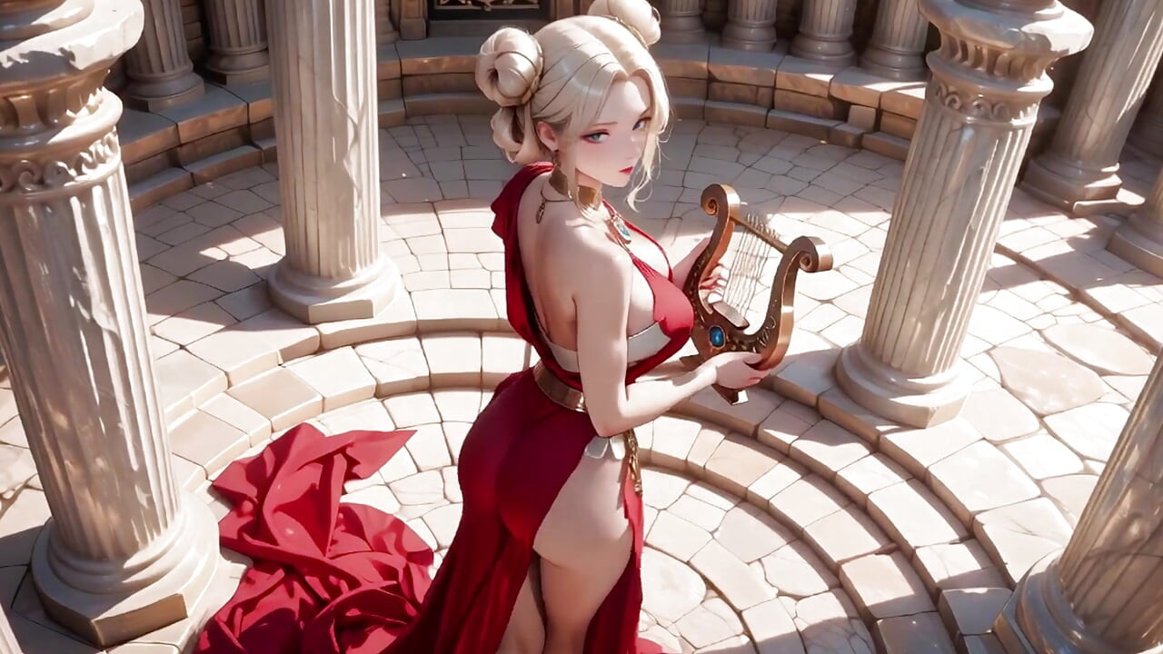 Blonde Goddess in Red! Forbidden Gaze in the Ancient Corridor, Deep V & High Slit teasing you.