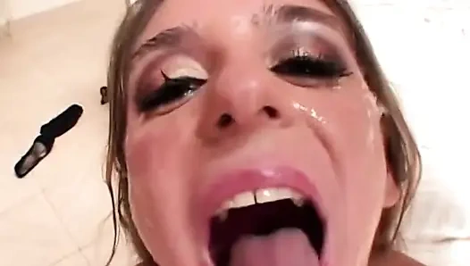 Blond nympho with deepthroats and whisper on two massive dicks