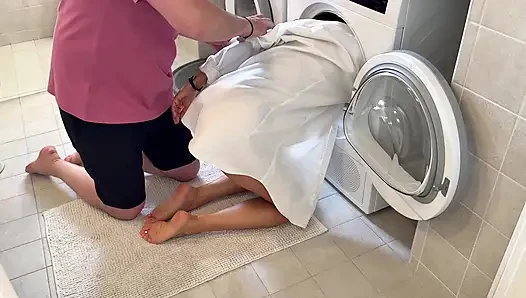Cute Wife Gets Her Head Stuck in the Dryer and Gets Good Help to Get Out