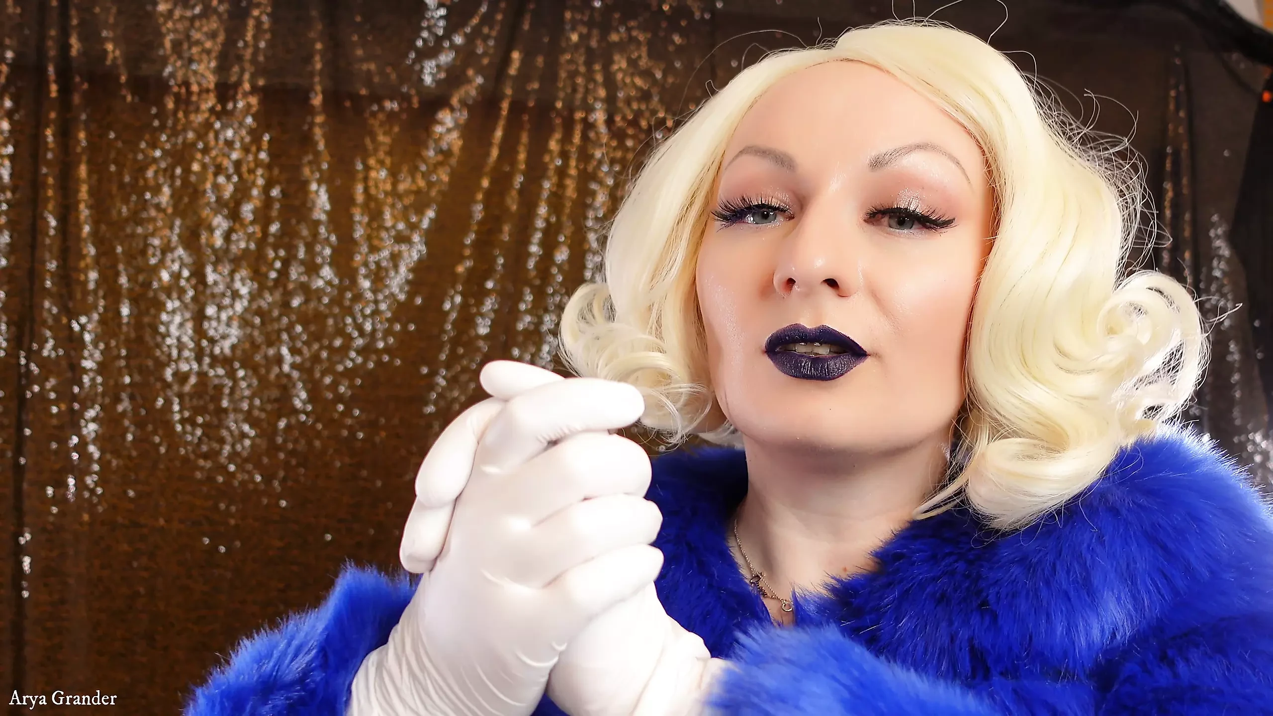 Medical nitrile white nurse gloves and fur with dark lipstick - Blonde ASMR