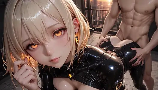 Vega Stone zeminini şehrin üstünde tutuyor, kaslar kuruldu, turuncu gökyüzü şiddetli bakışını tutuşturuyor - ai generated