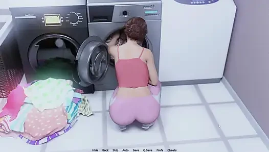 Memijat toket besar ibu tiri Jepang saat dia mencuci pakaian, menjemur pantatnya yang besar