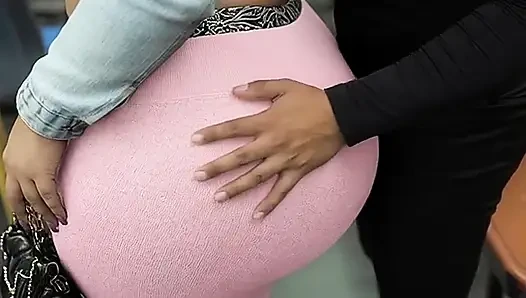 "Balaclava BBW Gets Ass  in Tight Shiny Pink Pants - Public Bus"
