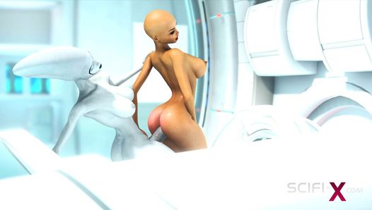 A sexy horny girl gets fucked by alien dickgirl in the sci-fi lab