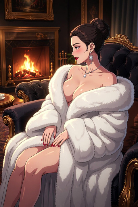 柔らかい毛皮、汚れた口 - 豪華なコートの娼婦は荒々しくしたい