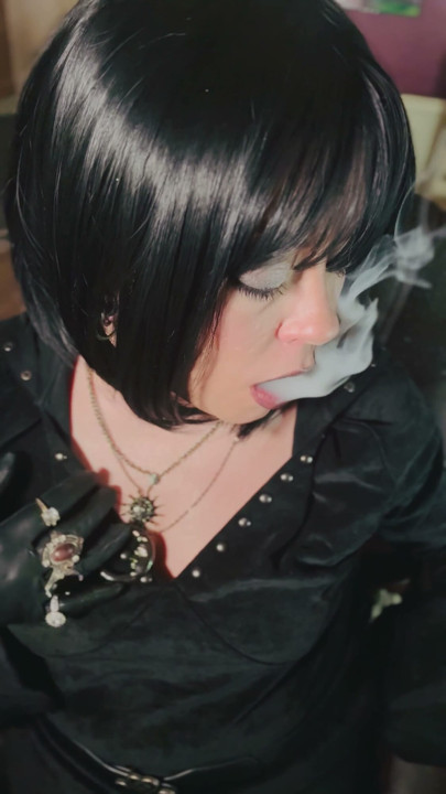 10 Rings Over My Leather Gloves! Smoking Miss Tina Snua Enjoy A cigarette With You | Clip 1