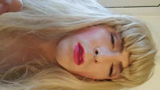 Sissy plays and pouts before eating cum from hand