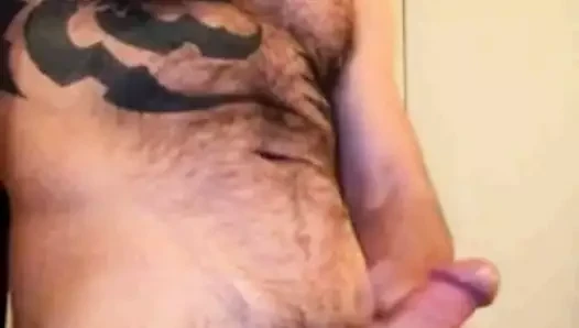 Pump porn video – hairy tatted straight man pumps out a load