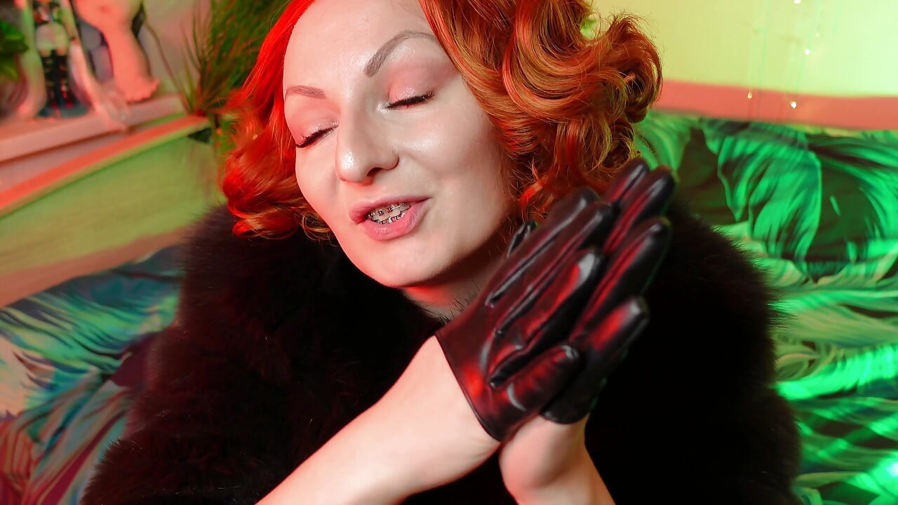 Sexy pin up Arya doing ASMR sounds with short leather gloves