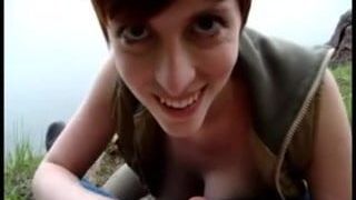 Busty Short Haired Girl Outdoor Blowjob