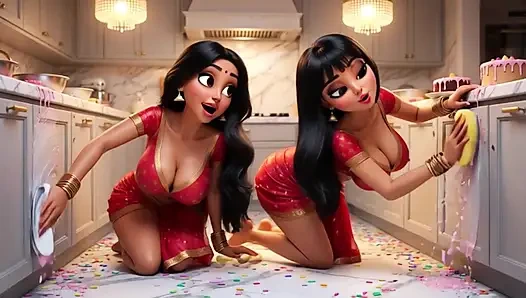 Zwei üppige indische lesben putzen den küchenboden auf allen vieren und enthüllen traditionelle kleidung ohne höschen