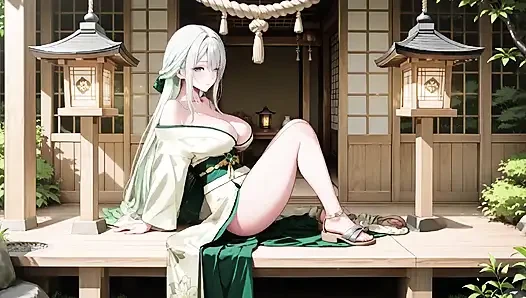 Silver-haired Geisha in the Bedroom! Lazy Legs Lifting Hem, the Green White Combo Is so Wet!