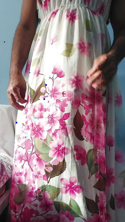 Shemale masterbate and cum in a silky seethrough Chiffon Fleared floral frock