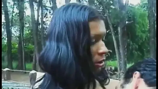 Young sunburnt tranny Luciana in yellow bikini can't get enough cowboy's cock in her mouth and anus