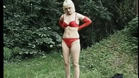 Older blonde babe dildo fucks herself outdoors