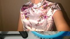 Sneaking and cumming with satin cheongsam dress