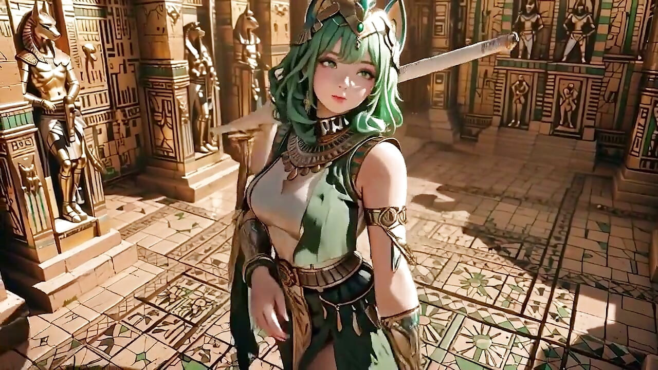 Rainha Egípcia de cabelos verdes! Ajoelhada no Salão Dourado, guardada por esfinges.