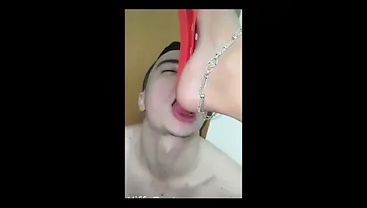 Footjob on Barefoot and Orange Flip Flops Until Cum