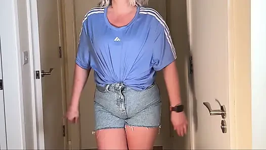 Bathroom Locked - Denim Shorts Wetting Outside the Door
