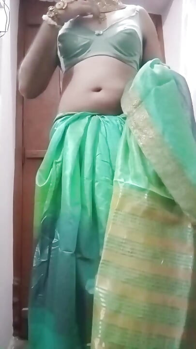 Indian Crossdresser Bottom Gaurisissy Pressing and Playing with Her Big Boobs in Blue Saree Real Homemade Sex