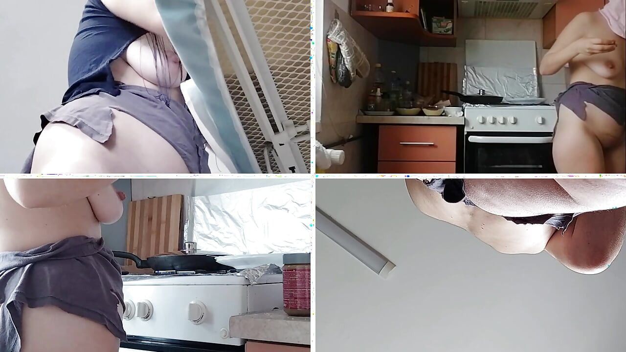Brunette with hairy pussy, big tits, sensual and hairy woman in the kitchen. Sexy amateur wife shaving her hairy pussy.