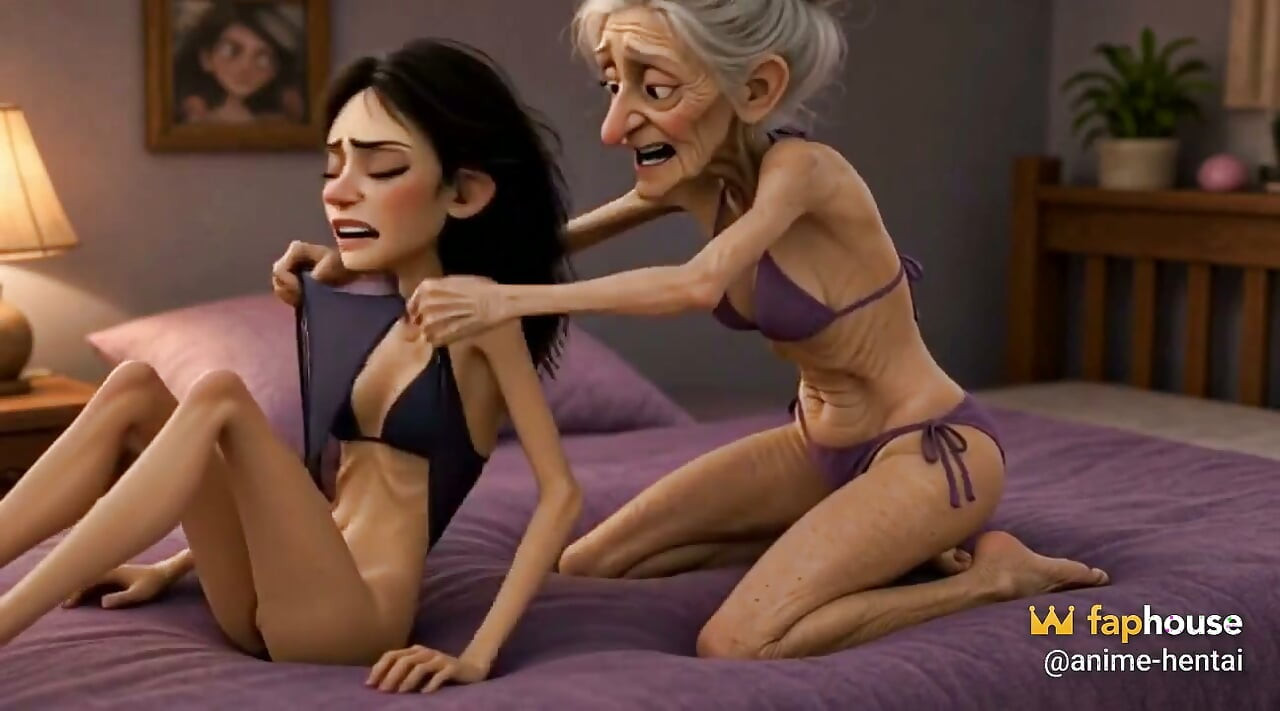 Extremely Skinny Old Woman Licks a Skinny Young Woman's Pussy