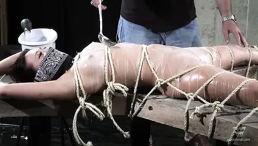 Tied up asian slut wearing glasses gets her pussy rubbed with hitachi by maledom
