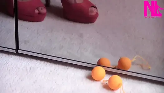 Ballbusting Vagina Balls in Pink Open Toe Sandals on Barefoot