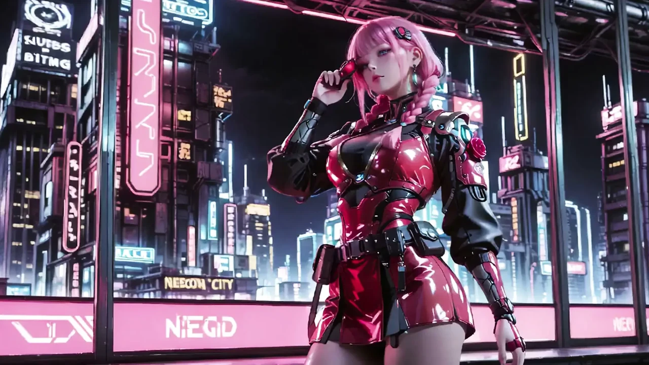 Pink-haired Mech Warrior! Kneeling in Neon Streets, Red Rose & Cold Armor Contrast, Fingertips tracing collarbones.