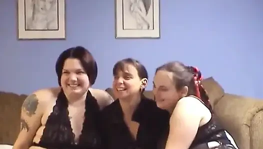 Three overweight brunettes lick each other's pussies