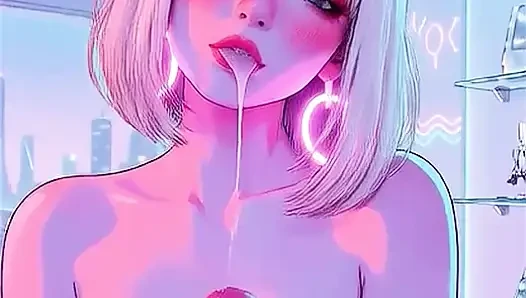 Cyberpunk AI Girl gives a blowjob, cowgirl, fuck sideways, doggy-style, and swallows cum