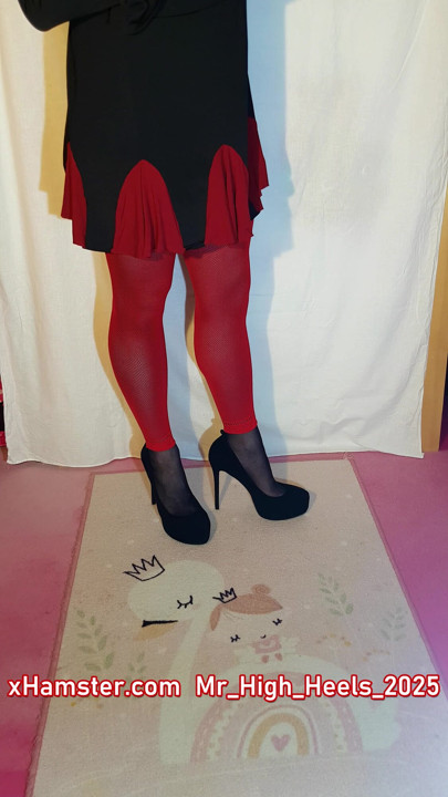 Red with black shoes.