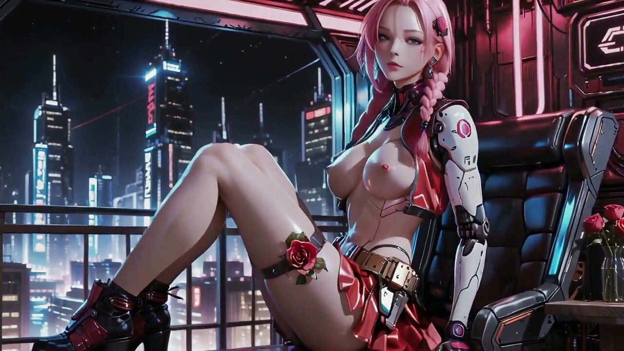 Mech Warrior de cabelos rosa! Ajoelhando-se nas ruas neon, Rosa Vermelha e Contraste de Armadura Fria.