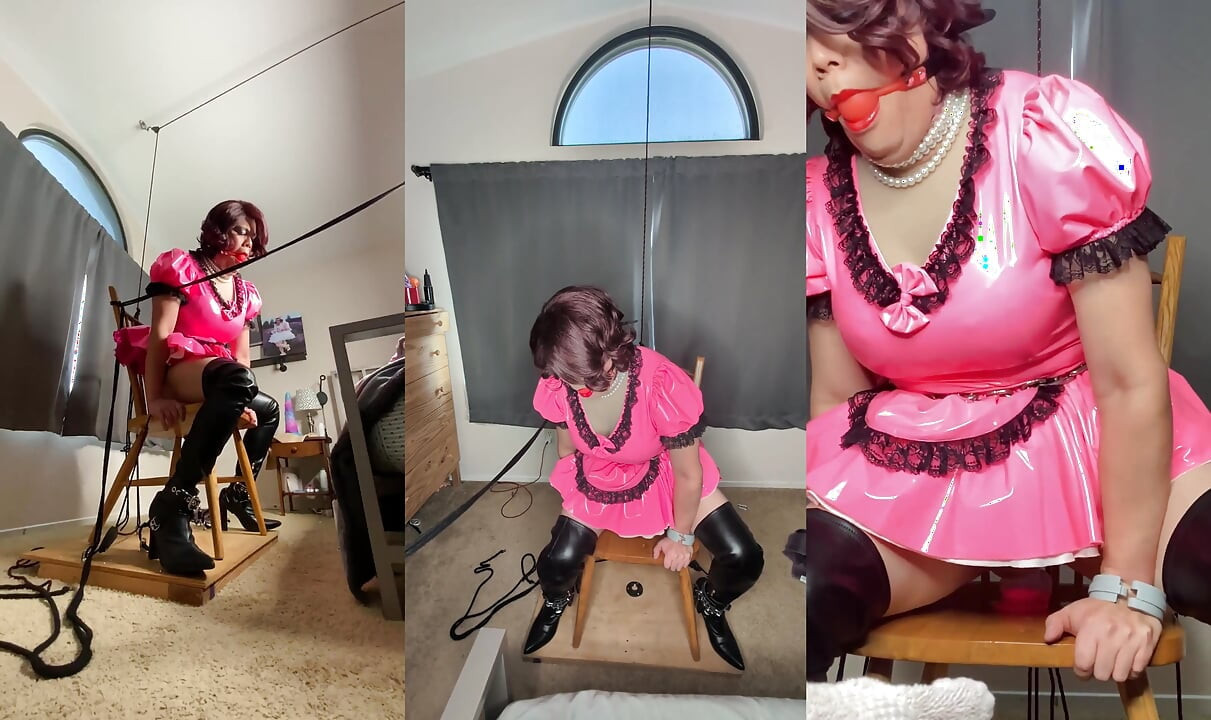 Sissy Candy in Self Bondage with Huge Dildos