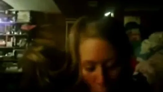 Sexy blonde slut sucking cock in front of friend