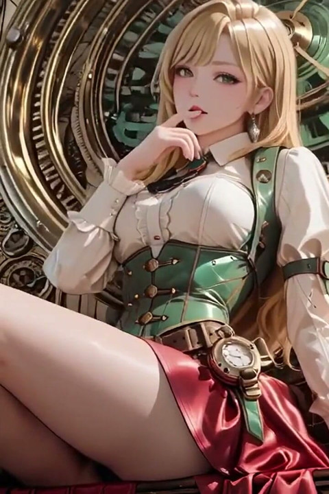 Steampunk Blonde Secretary! Lazy Poses Amidst Giant Gears