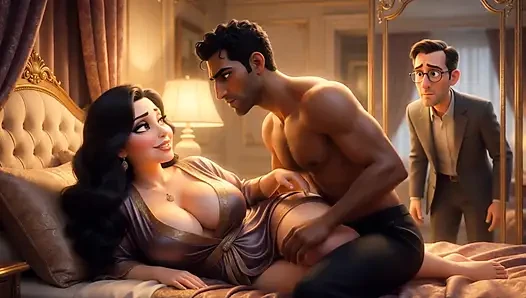 A Muslim man and a Jewish wife, with her cuckold  Christian husband watching her being fucked.