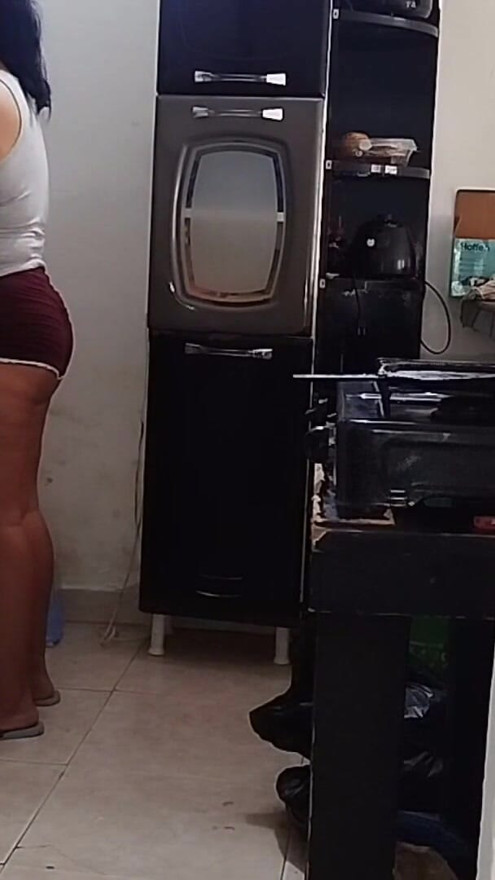 Chubby Latina with a big ass likes to be watched by her stepfather's old man while she cleans the house | Clip 1