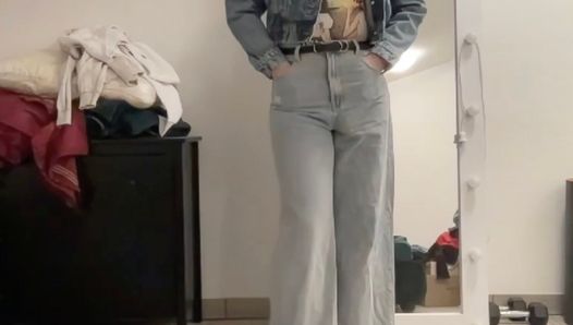 Crossdresser in wide leg flare palazzo jeans, sissy t-shirt and crop jeans jacket masturbating for you