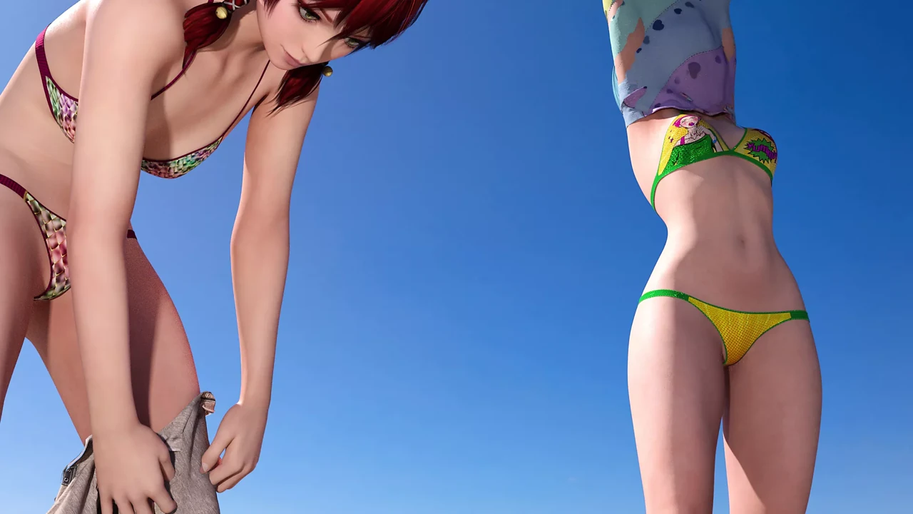 Cute futanari girl fucks her friend on the beach while getting undressed