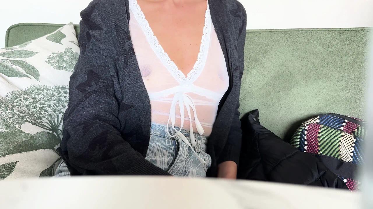 Drinking coffee in a see through shirt exposing pierced nipples in public cafe while my husband touches my boobs